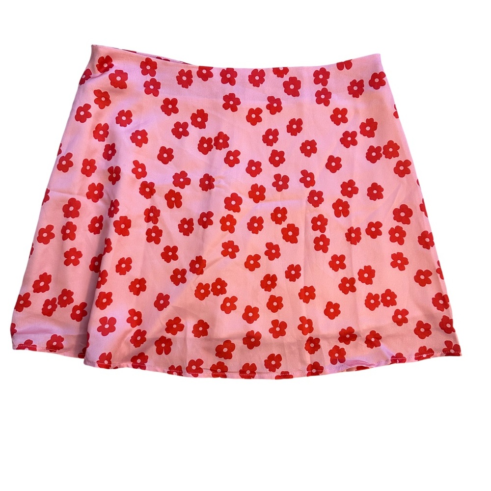 Floral Satin Silk High-Waist Mini Skirt with Side Zipper & Lining -L